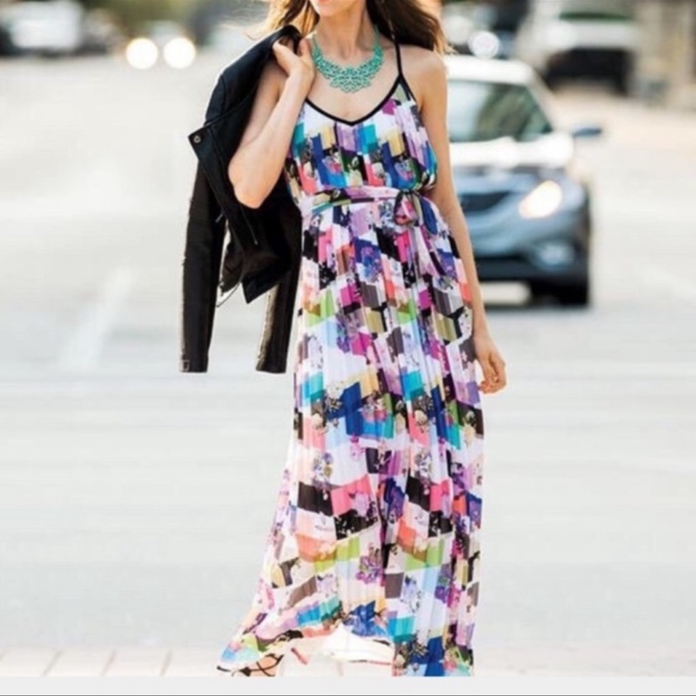 Bar III Pleated Belted Maxi Dress Medium Floral Chiffon Patchwork Accordion